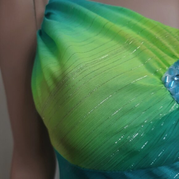 Y2K Slip Dress Size S Blue Green Metallic Stripe Midi Fairy Mermaid Party - Picture 4 of 13